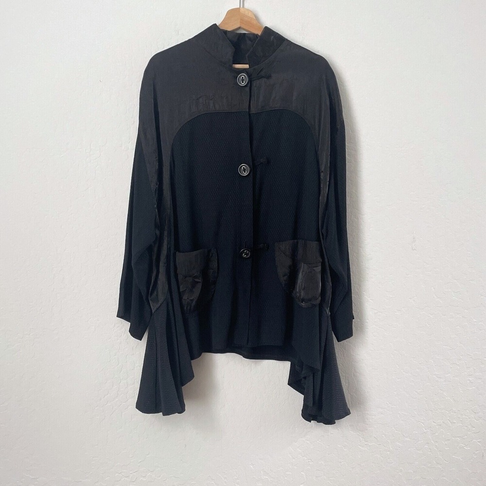 Aug 27 AM Long Sleeve Button Down Tunic Art To Wear Lagenlook Black One Size